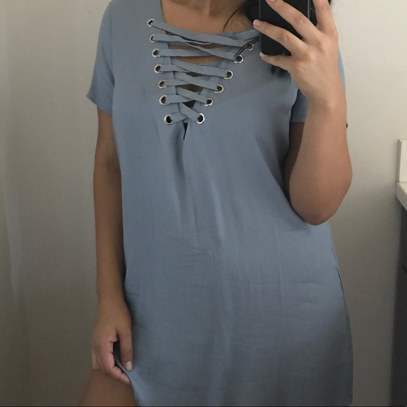 Blue Lace Up Shift Dress - Picture 2 of 2
